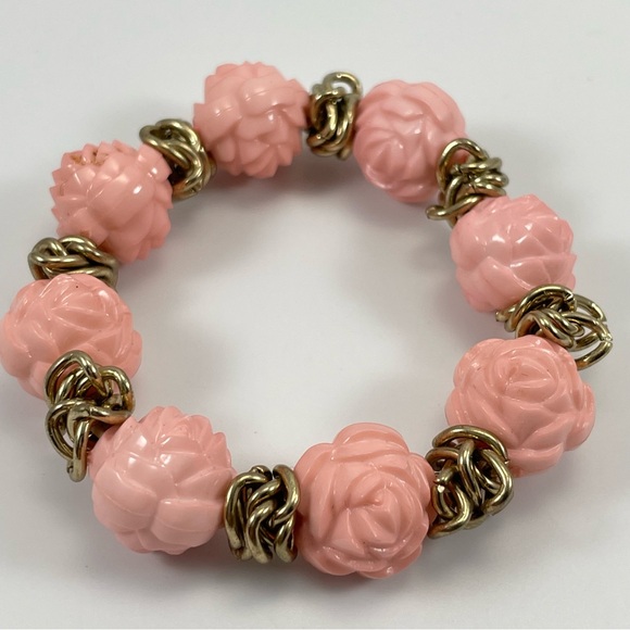 Gold Tone Pink Rose Acrylic Beaded Statement Stretch Bracelet Boho 6” Cute - Picture 1 of 5